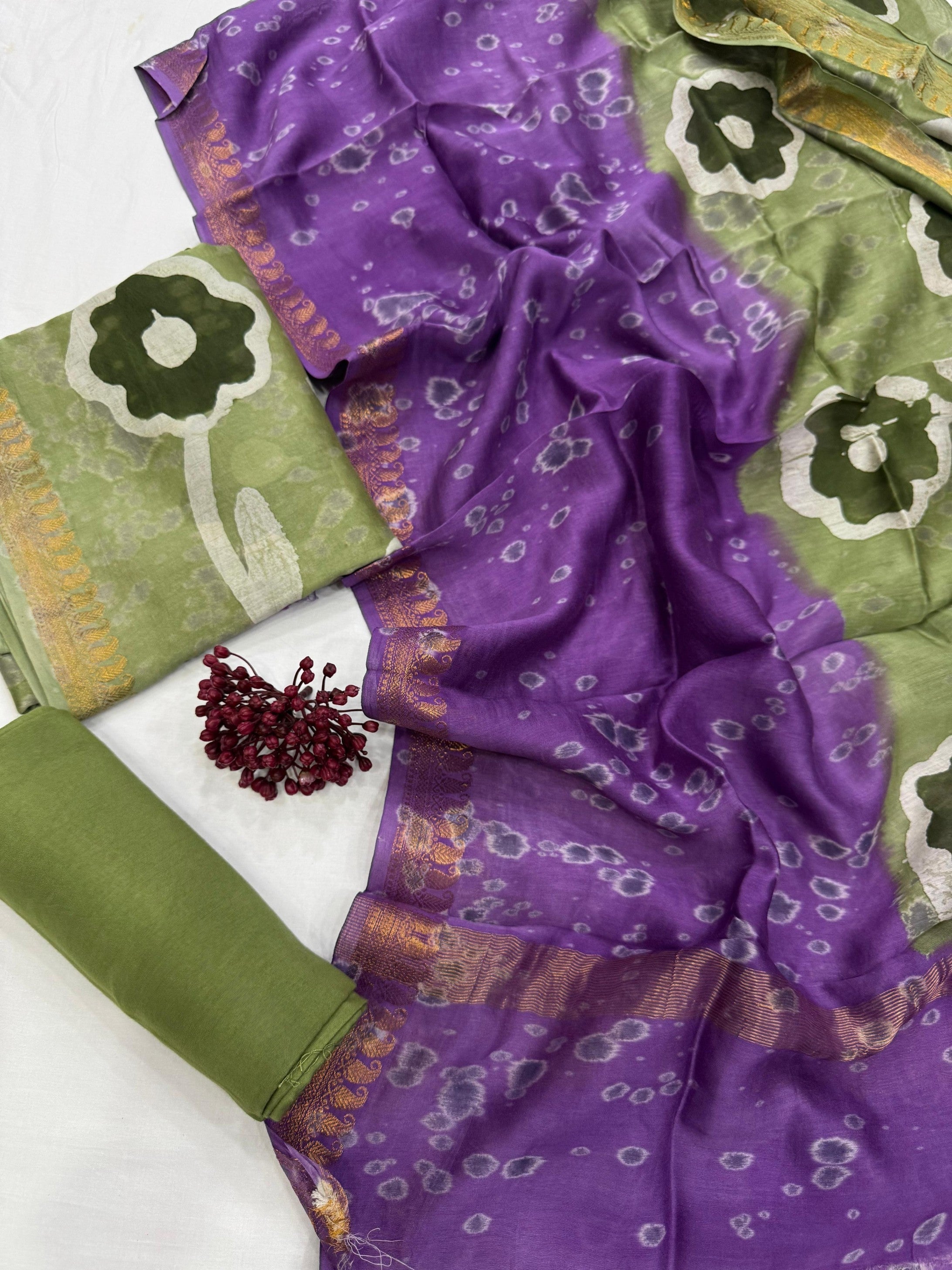 Handcrafted Maheshwari Silk Green Flower Print Dress Material for boutique suit making